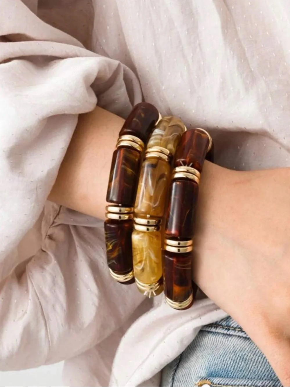 3pcs Ladycoco vintage deformed Brown/Amber Resin Beaded Bracelet